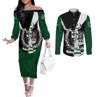 Pakistan Emblem Couples Matching Off The Shoulder Long Sleeve Dress and Long Sleeve Button Shirt Eagle-Shaped Design with National Symbol