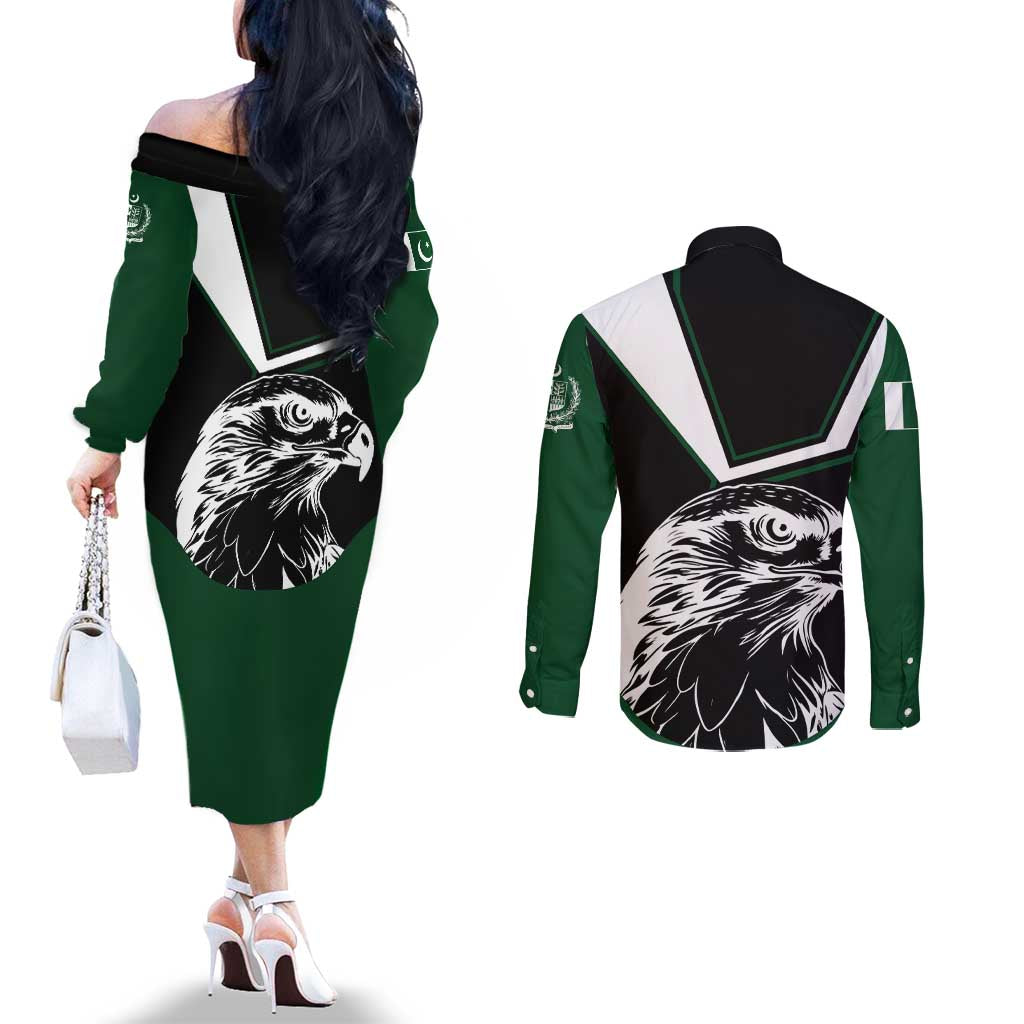 Pakistan Emblem Couples Matching Off The Shoulder Long Sleeve Dress and Long Sleeve Button Shirt Eagle-Shaped Design with National Symbol