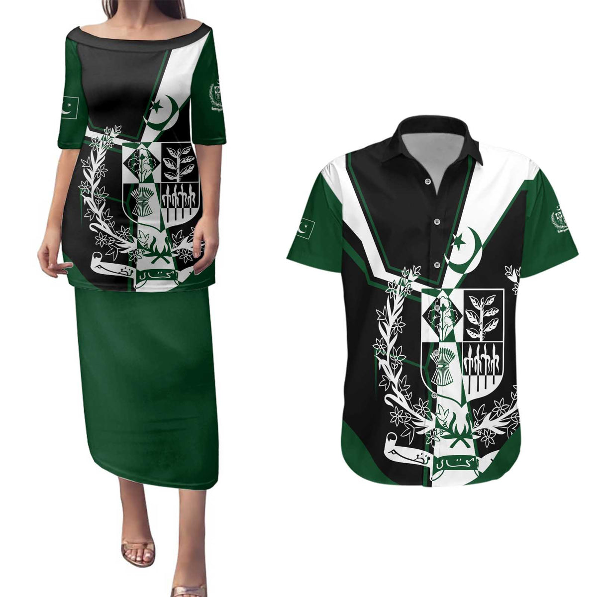 Pakistan Emblem Couples Matching Puletasi and Hawaiian Shirt Eagle-Shaped Design with National Symbol
