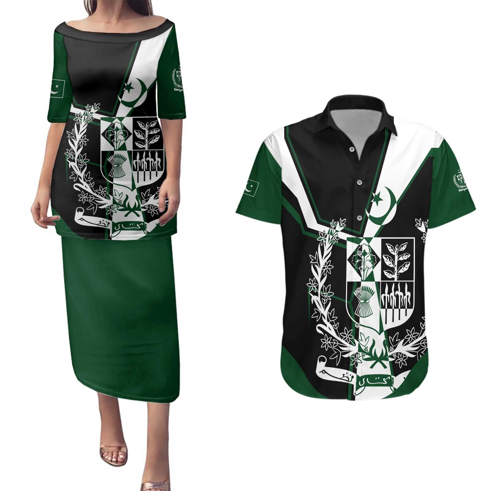 Pakistan Emblem Couples Matching Puletasi and Hawaiian Shirt Eagle-Shaped Design with National Symbol