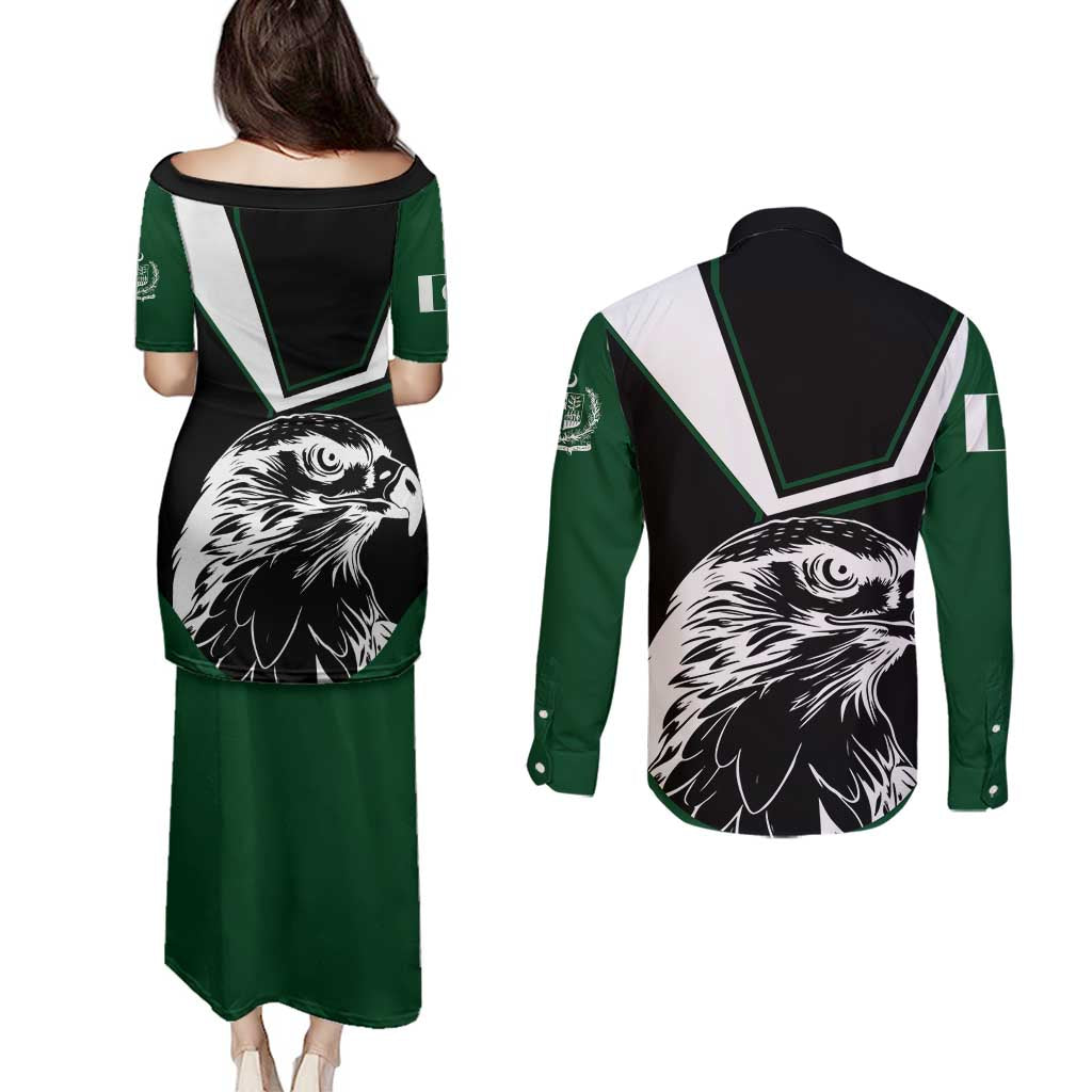 Pakistan Emblem Couples Matching Puletasi and Long Sleeve Button Shirt Eagle-Shaped Design with National Symbol
