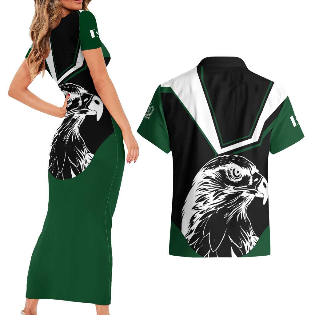 Pakistan Emblem Couples Matching Short Sleeve Bodycon Dress and Hawaiian Shirt Eagle-Shaped Design with National Symbol