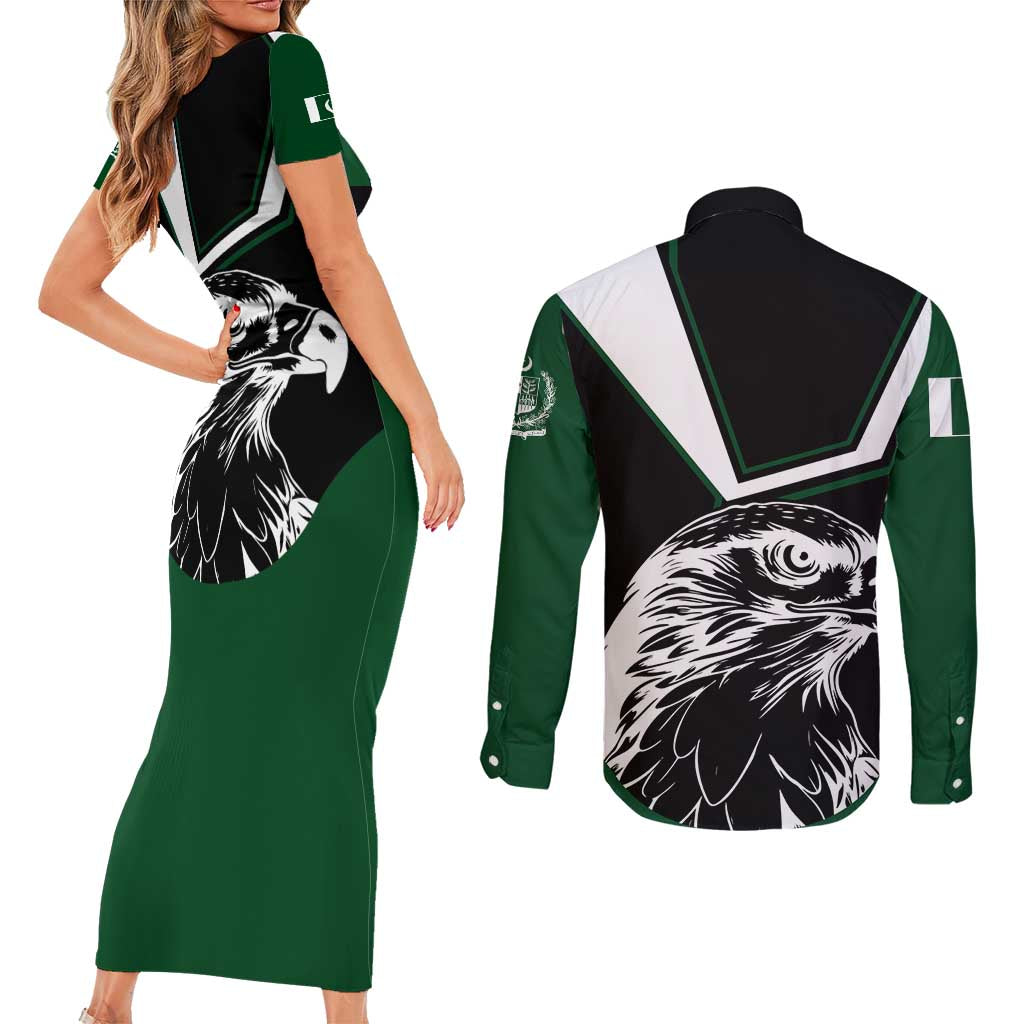 Pakistan Emblem Couples Matching Short Sleeve Bodycon Dress and Long Sleeve Button Shirt Eagle-Shaped Design with National Symbol