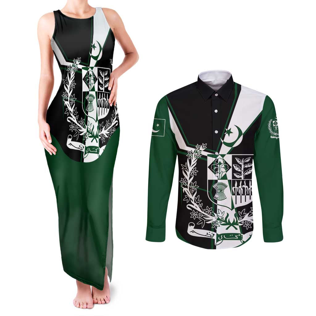 Pakistan Emblem Couples Matching Tank Maxi Dress and Long Sleeve Button Shirt Eagle-Shaped Design with National Symbol