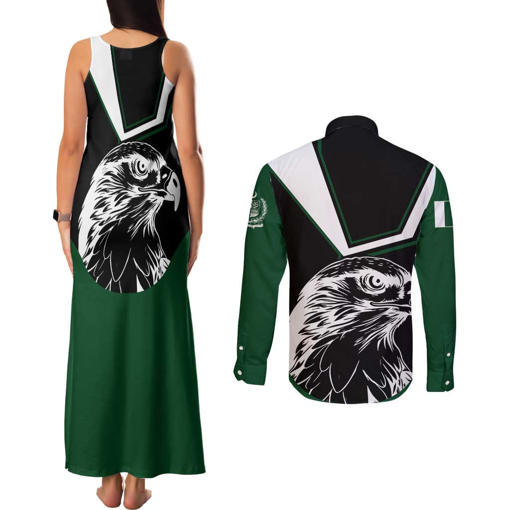 Pakistan Emblem Couples Matching Tank Maxi Dress and Long Sleeve Button Shirt Eagle-Shaped Design with National Symbol
