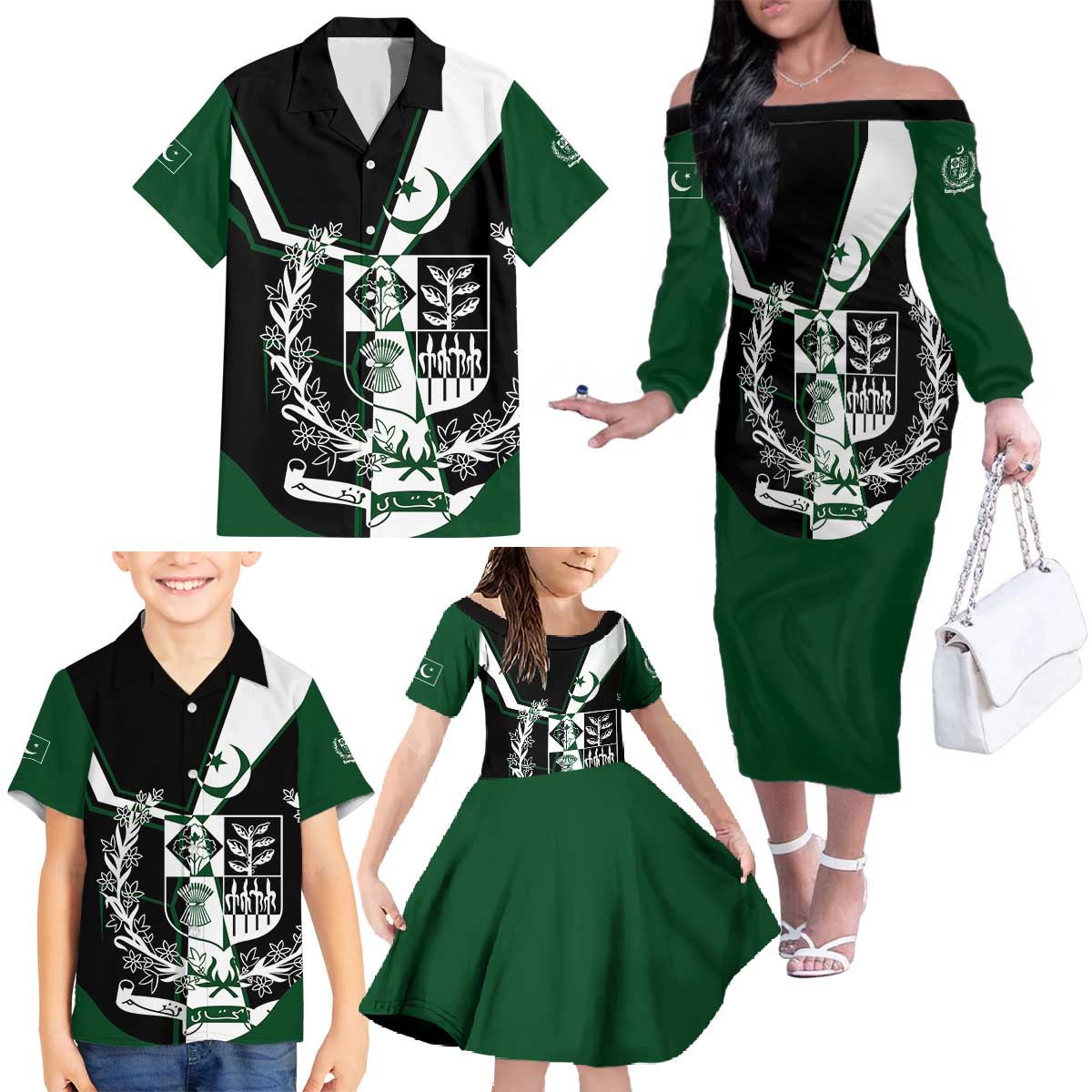 Pakistan Emblem Family Matching Off The Shoulder Long Sleeve Dress and Hawaiian Shirt Eagle-Shaped Design with National Symbol