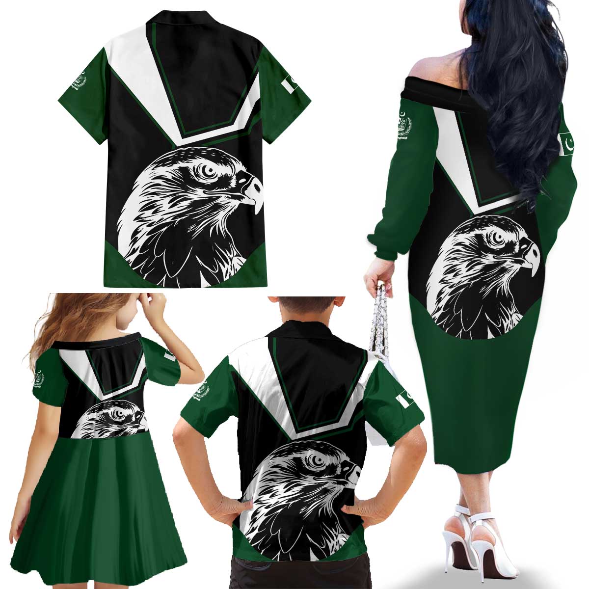 Pakistan Emblem Family Matching Off The Shoulder Long Sleeve Dress and Hawaiian Shirt Eagle-Shaped Design with National Symbol