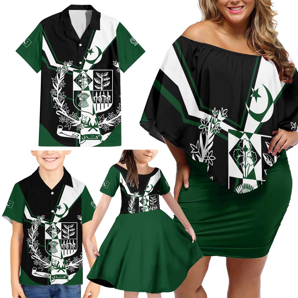 Pakistan Emblem Family Matching Off Shoulder Short Dress and Hawaiian Shirt Eagle-Shaped Design with National Symbol