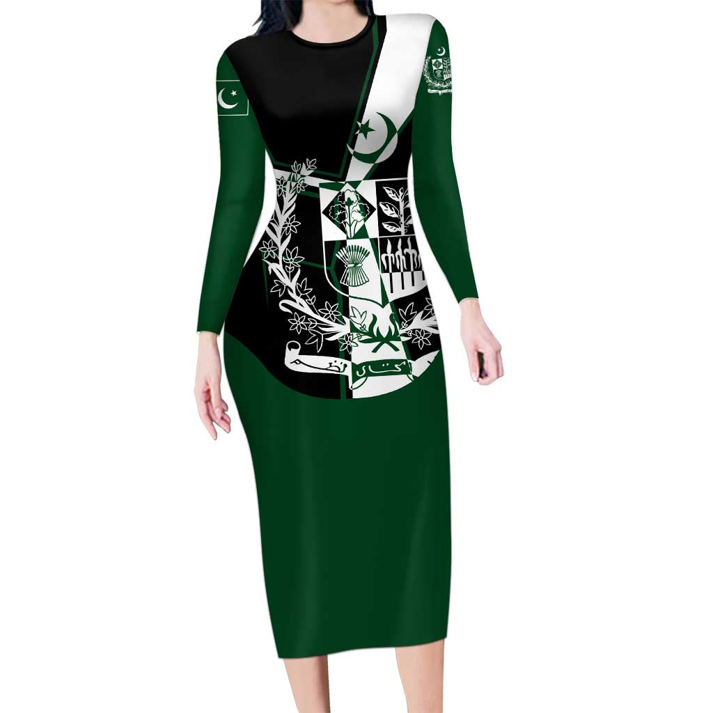 Pakistan Emblem Long Sleeve Bodycon Dress Eagle-Shaped Design with National Symbol