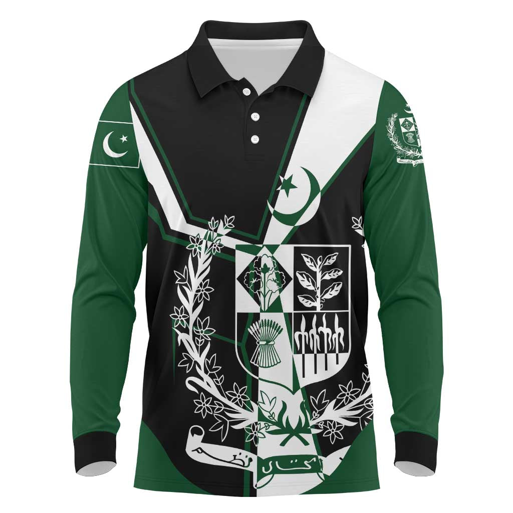 Pakistan Emblem Long Sleeve Polo Shirt Eagle-Shaped Design with National Symbol