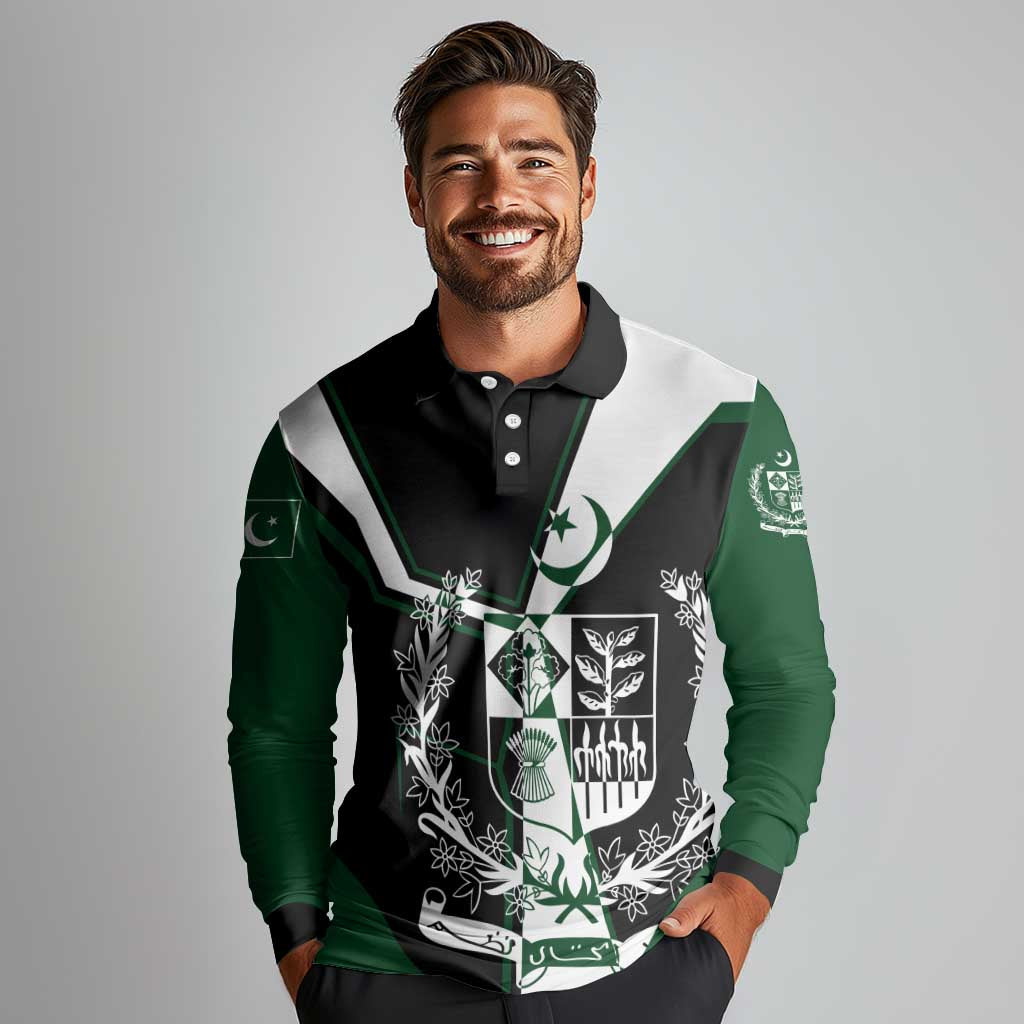 Pakistan Emblem Long Sleeve Polo Shirt Eagle-Shaped Design with National Symbol