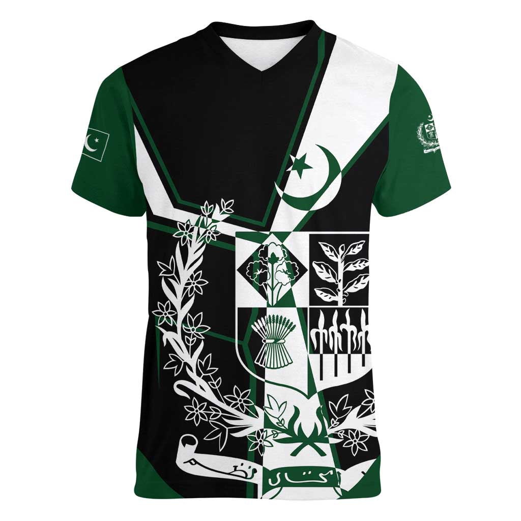 Pakistan Emblem Women V-Neck T-Shirt Eagle-Shaped Design with National Symbol