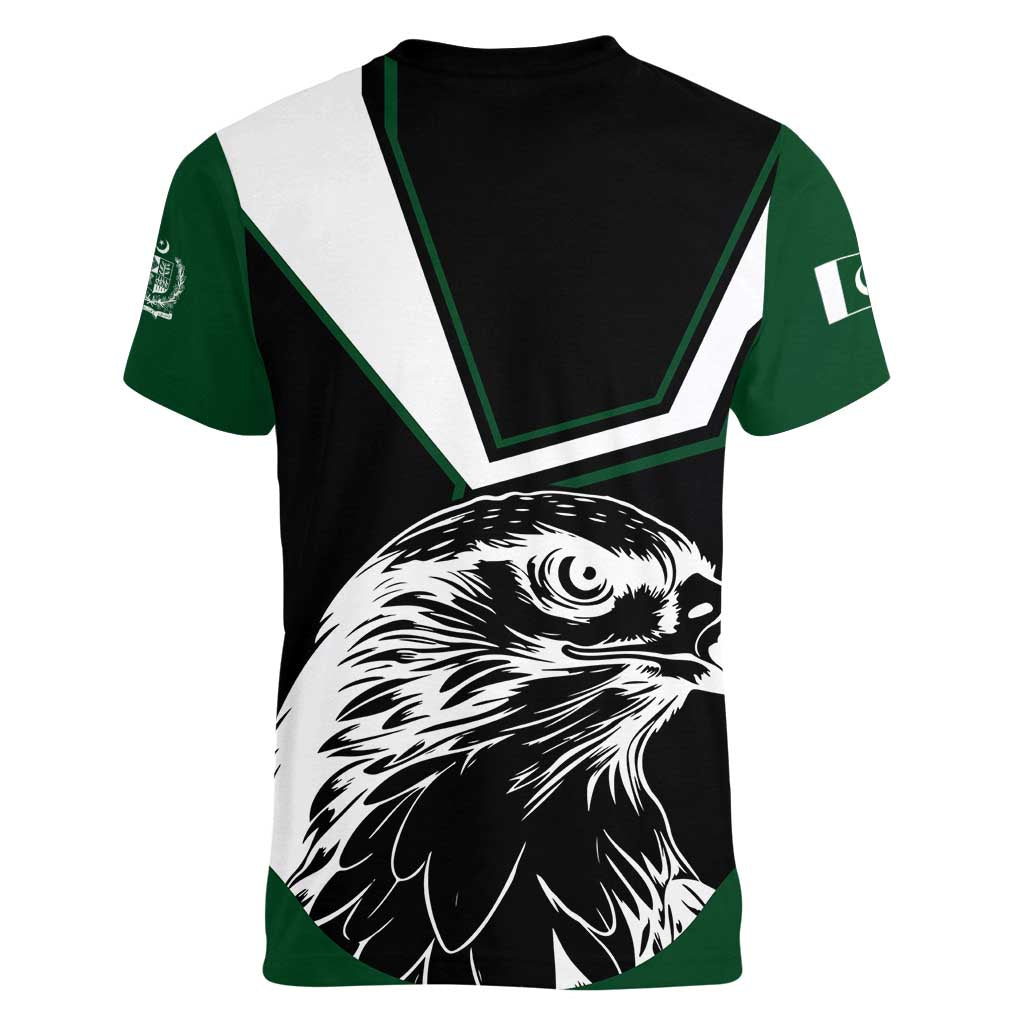 Pakistan Emblem Women V-Neck T-Shirt Eagle-Shaped Design with National Symbol