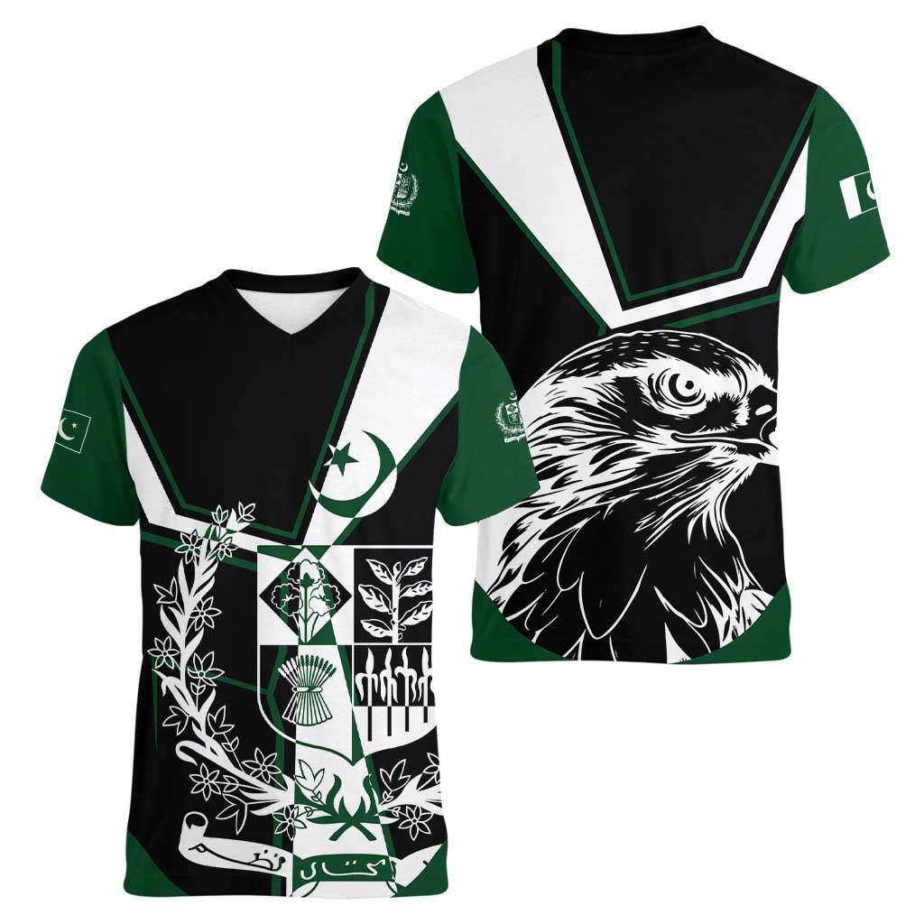 Pakistan Emblem Women V-Neck T-Shirt Eagle-Shaped Design with National Symbol