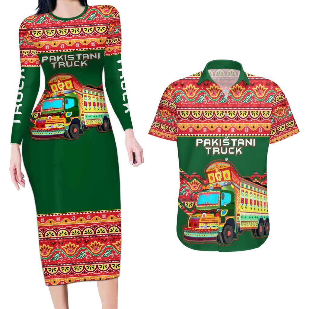 Pakistan Truck Art Couples Matching Long Sleeve Bodycon Dress and Hawaiian Shirt National Emblem & Traditional Patterns