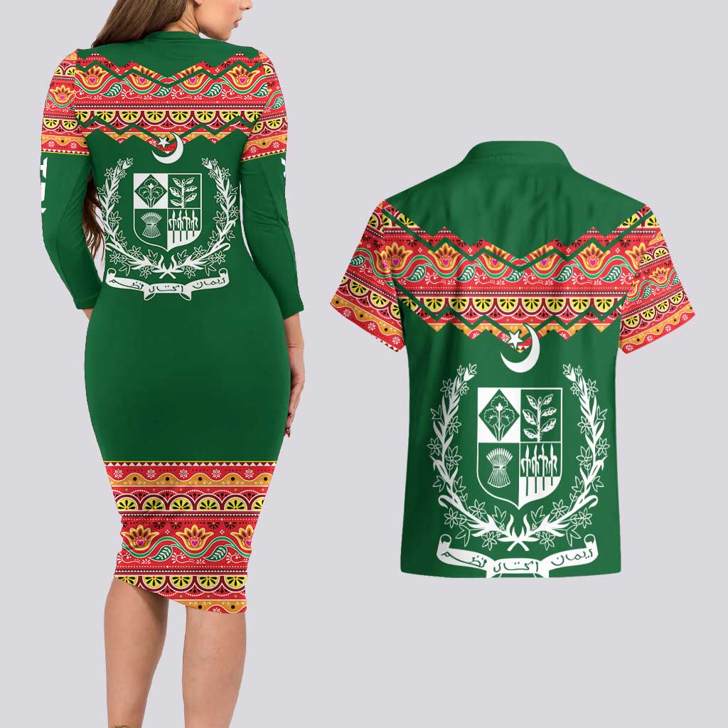 Pakistan Truck Art Couples Matching Long Sleeve Bodycon Dress and Hawaiian Shirt National Emblem & Traditional Patterns