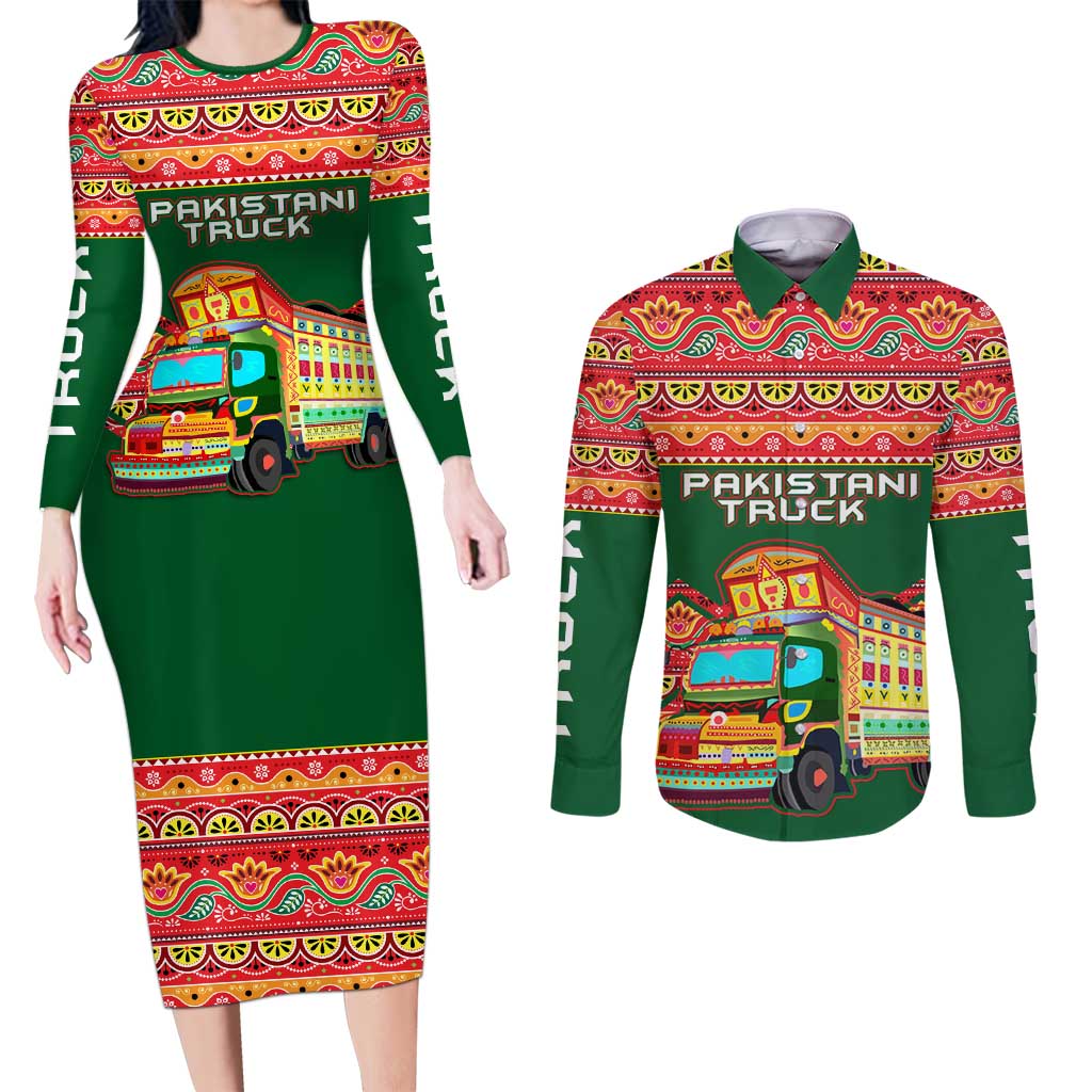 Pakistan Truck Art Couples Matching Long Sleeve Bodycon Dress and Long Sleeve Button Shirt National Emblem & Traditional Patterns