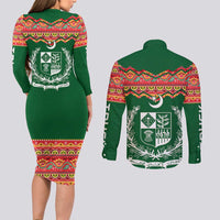 Pakistan Truck Art Couples Matching Long Sleeve Bodycon Dress and Long Sleeve Button Shirt National Emblem & Traditional Patterns