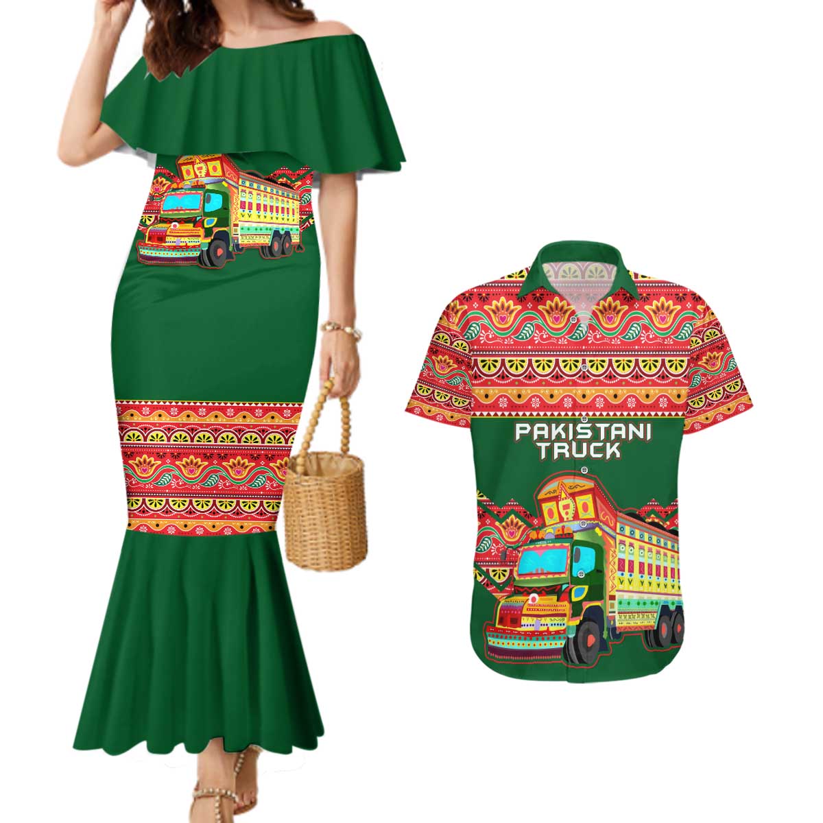Pakistan Truck Art Couples Matching Mermaid Dress and Hawaiian Shirt National Emblem & Traditional Patterns