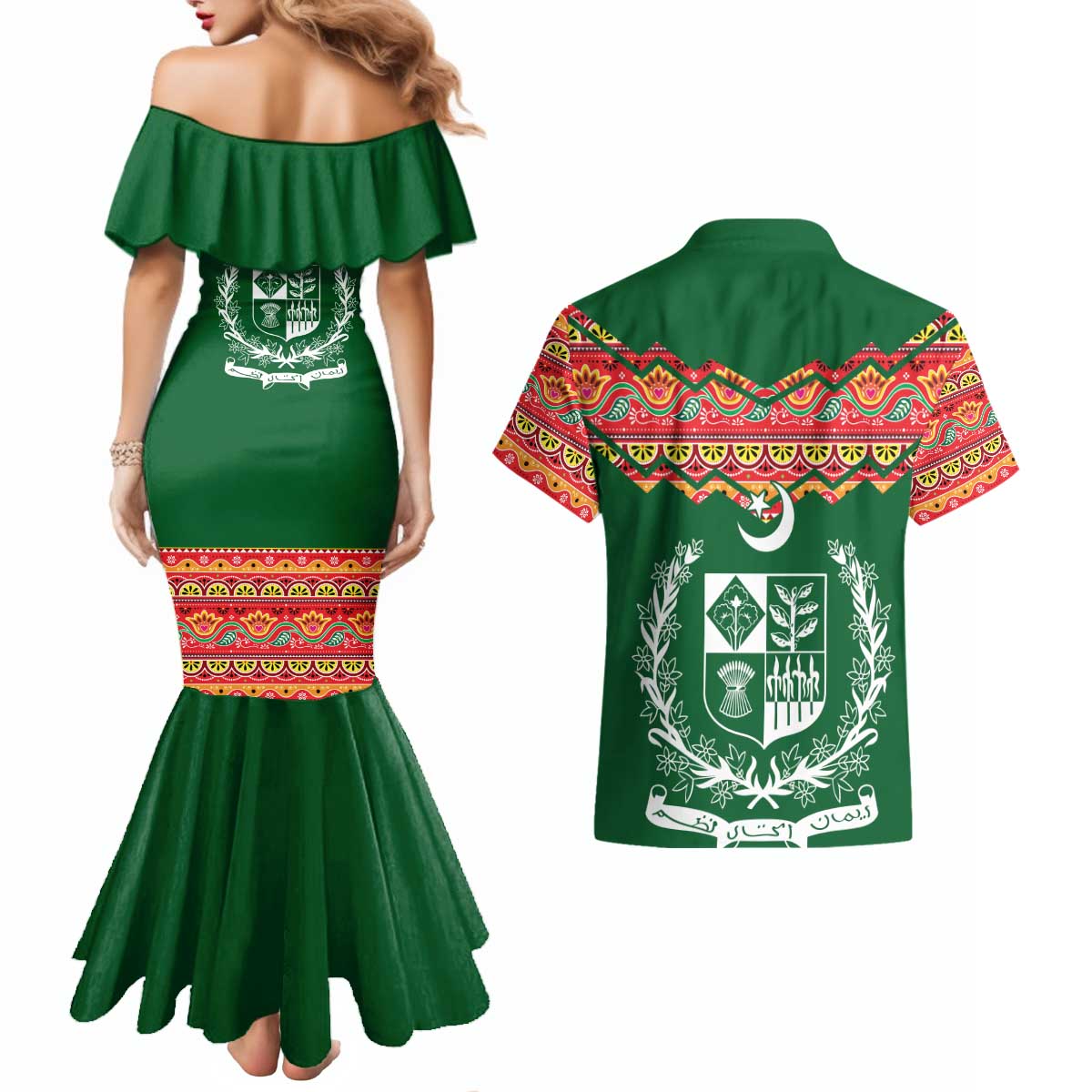 Pakistan Truck Art Couples Matching Mermaid Dress and Hawaiian Shirt National Emblem & Traditional Patterns