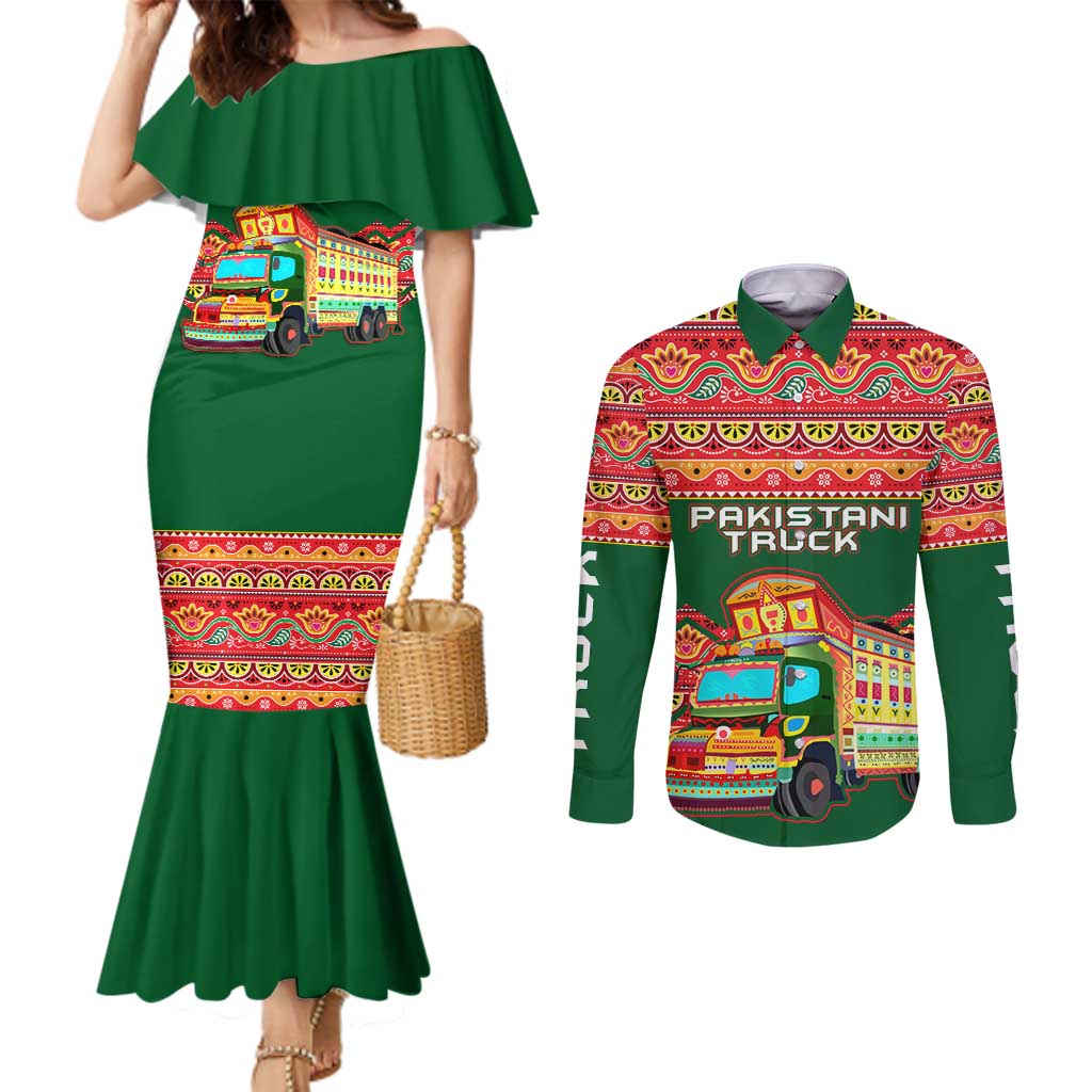 Pakistan Truck Art Couples Matching Mermaid Dress and Long Sleeve Button Shirt National Emblem & Traditional Patterns