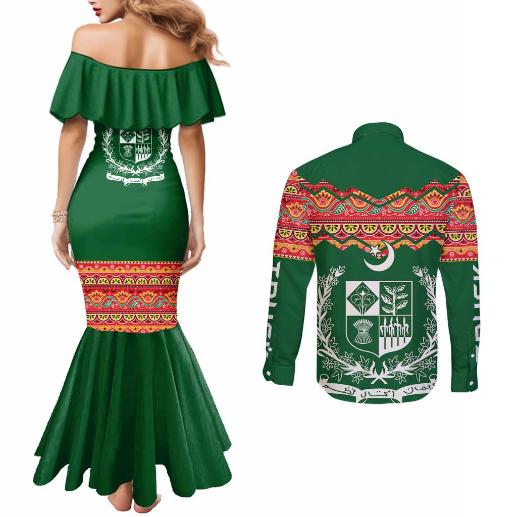 Pakistan Truck Art Couples Matching Mermaid Dress and Long Sleeve Button Shirt National Emblem & Traditional Patterns