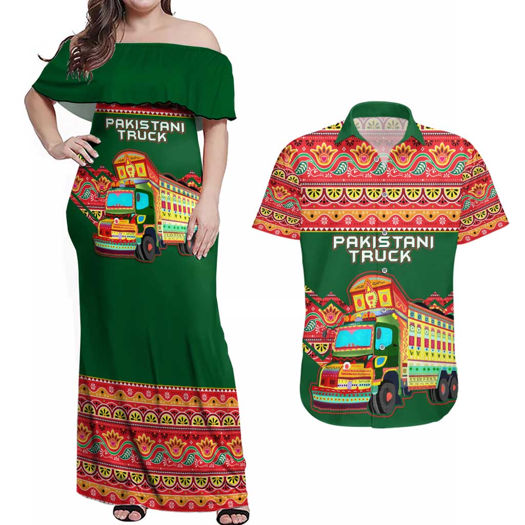 Pakistan Truck Art Couples Matching Off Shoulder Maxi Dress and Hawaiian Shirt National Emblem & Traditional Patterns
