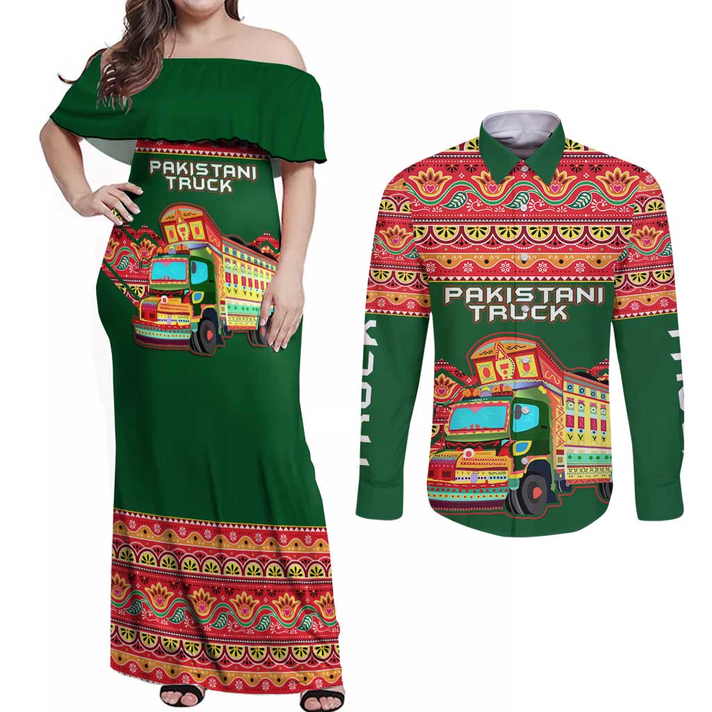 Pakistan Truck Art Couples Matching Off Shoulder Maxi Dress and Long Sleeve Button Shirt National Emblem & Traditional Patterns