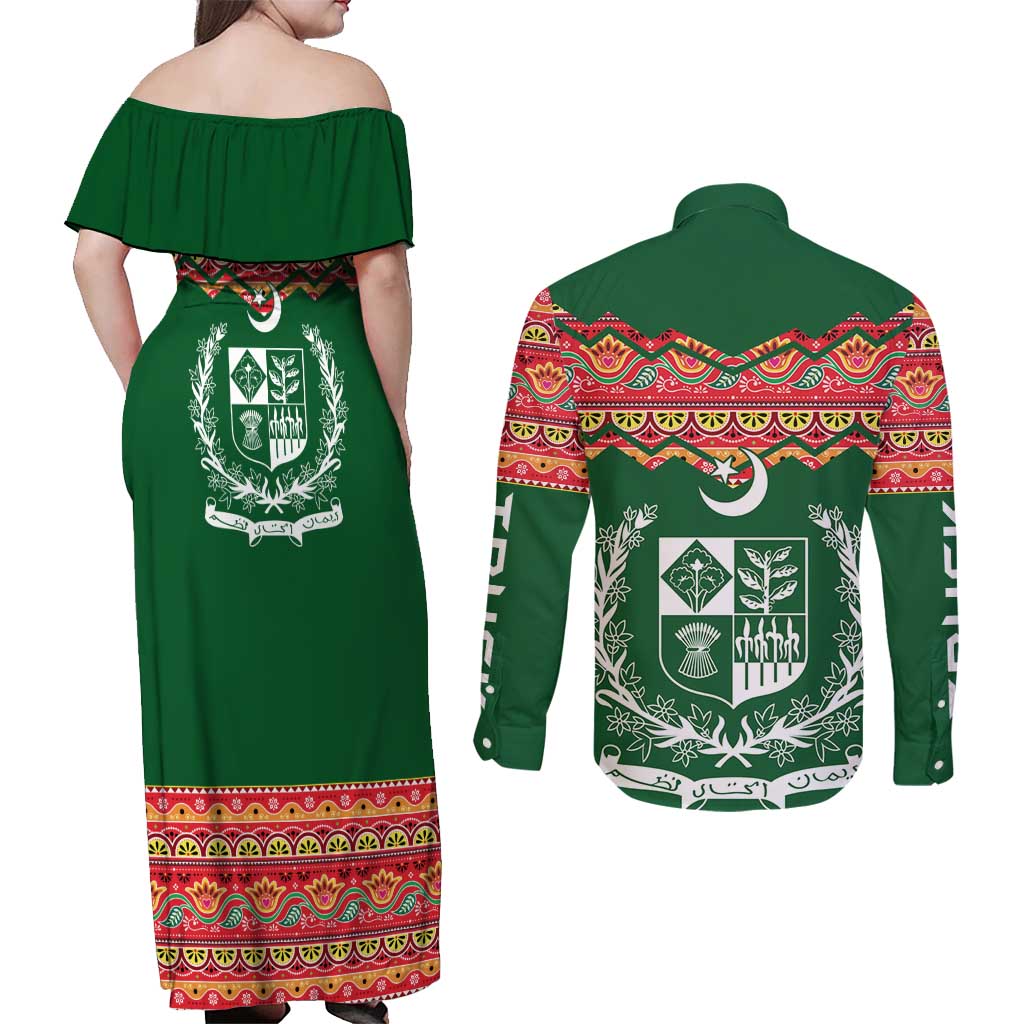 Pakistan Truck Art Couples Matching Off Shoulder Maxi Dress and Long Sleeve Button Shirt National Emblem & Traditional Patterns