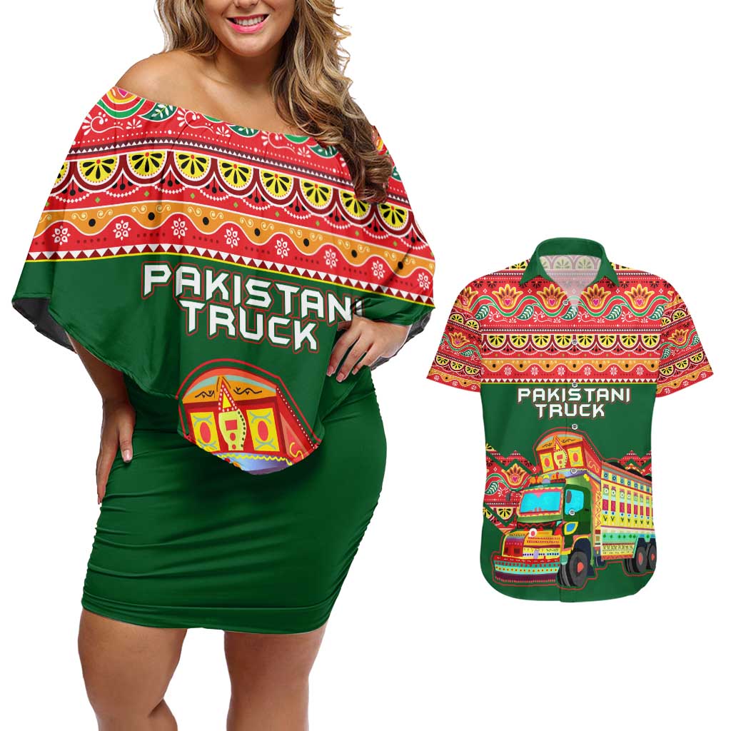Pakistan Truck Art Couples Matching Off Shoulder Short Dress and Hawaiian Shirt National Emblem & Traditional Patterns