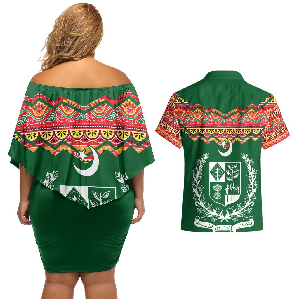 Pakistan Truck Art Couples Matching Off Shoulder Short Dress and Hawaiian Shirt National Emblem & Traditional Patterns