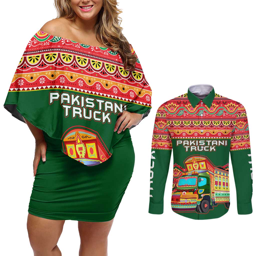 Pakistan Truck Art Couples Matching Off Shoulder Short Dress and Long Sleeve Button Shirt National Emblem & Traditional Patterns