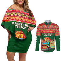 Pakistan Truck Art Couples Matching Off Shoulder Short Dress and Long Sleeve Button Shirt National Emblem & Traditional Patterns