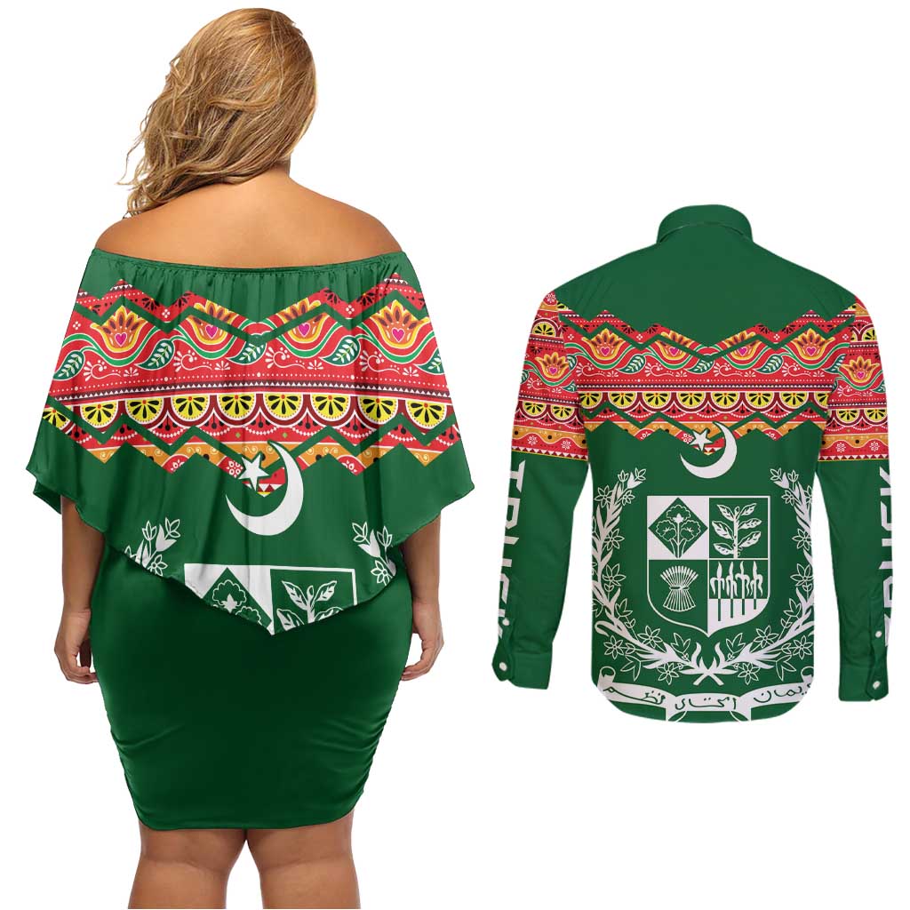 Pakistan Truck Art Couples Matching Off Shoulder Short Dress and Long Sleeve Button Shirt National Emblem & Traditional Patterns