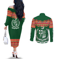 Pakistan Truck Art Couples Matching Off The Shoulder Long Sleeve Dress and Long Sleeve Button Shirt National Emblem & Traditional Patterns