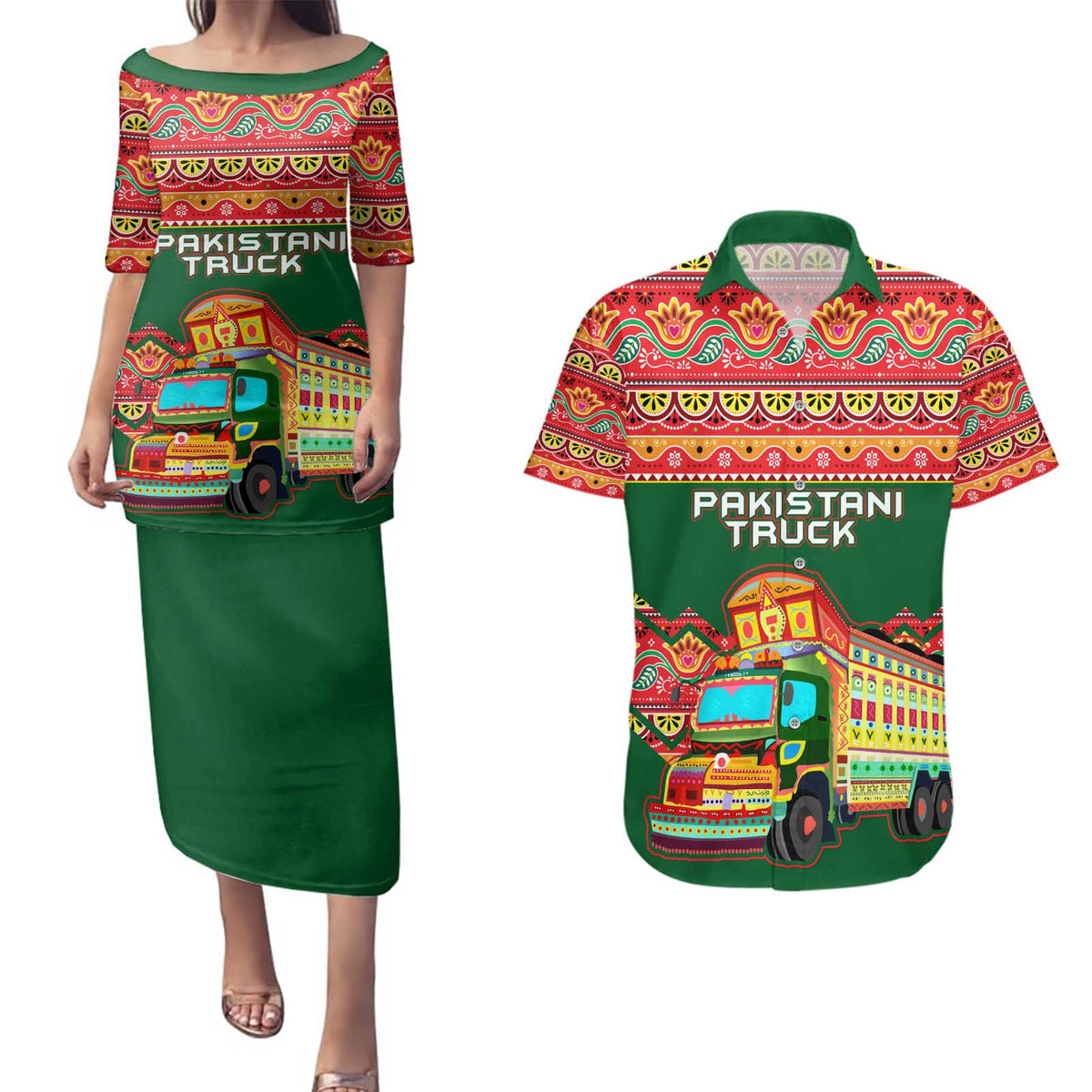 Pakistan Truck Art Couples Matching Puletasi and Hawaiian Shirt National Emblem & Traditional Patterns