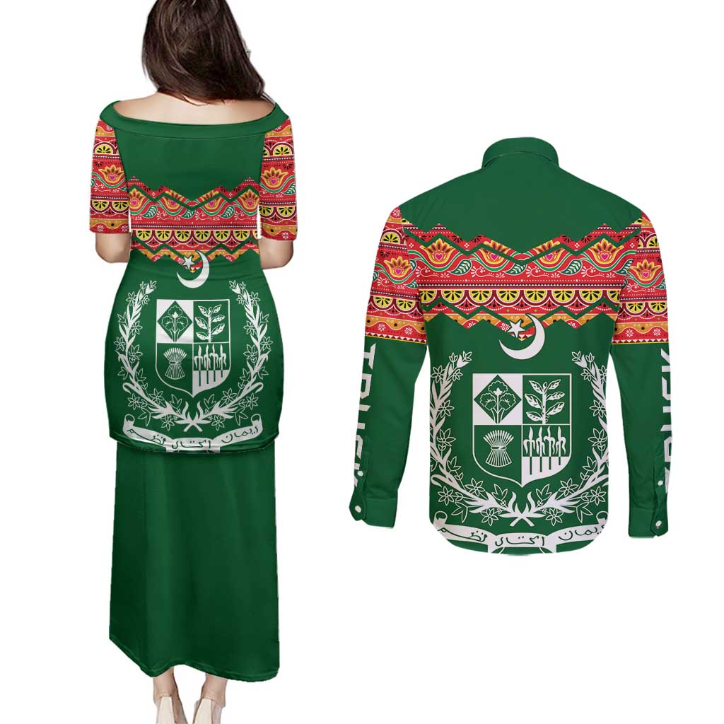 Pakistan Truck Art Couples Matching Puletasi and Long Sleeve Button Shirt National Emblem & Traditional Patterns