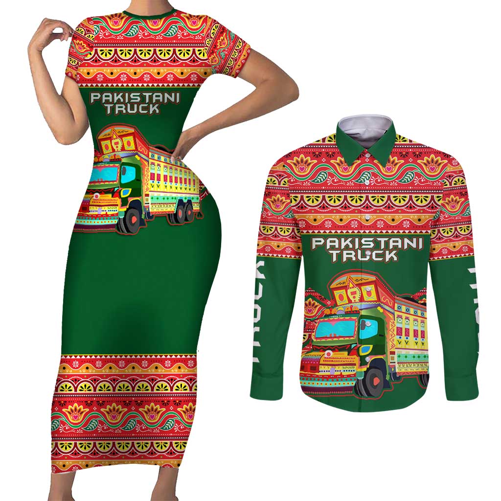 Pakistan Truck Art Couples Matching Short Sleeve Bodycon Dress and Long Sleeve Button Shirt National Emblem & Traditional Patterns
