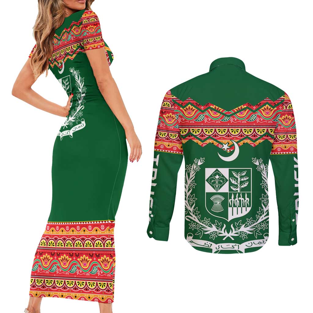 Pakistan Truck Art Couples Matching Short Sleeve Bodycon Dress and Long Sleeve Button Shirt National Emblem & Traditional Patterns