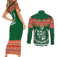 Pakistan Truck Art Couples Matching Short Sleeve Bodycon Dress and Long Sleeve Button Shirt National Emblem & Traditional Patterns