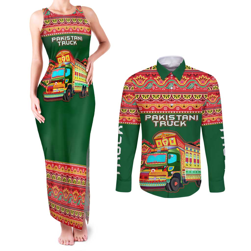 Pakistan Truck Art Couples Matching Tank Maxi Dress and Long Sleeve Button Shirt National Emblem & Traditional Patterns