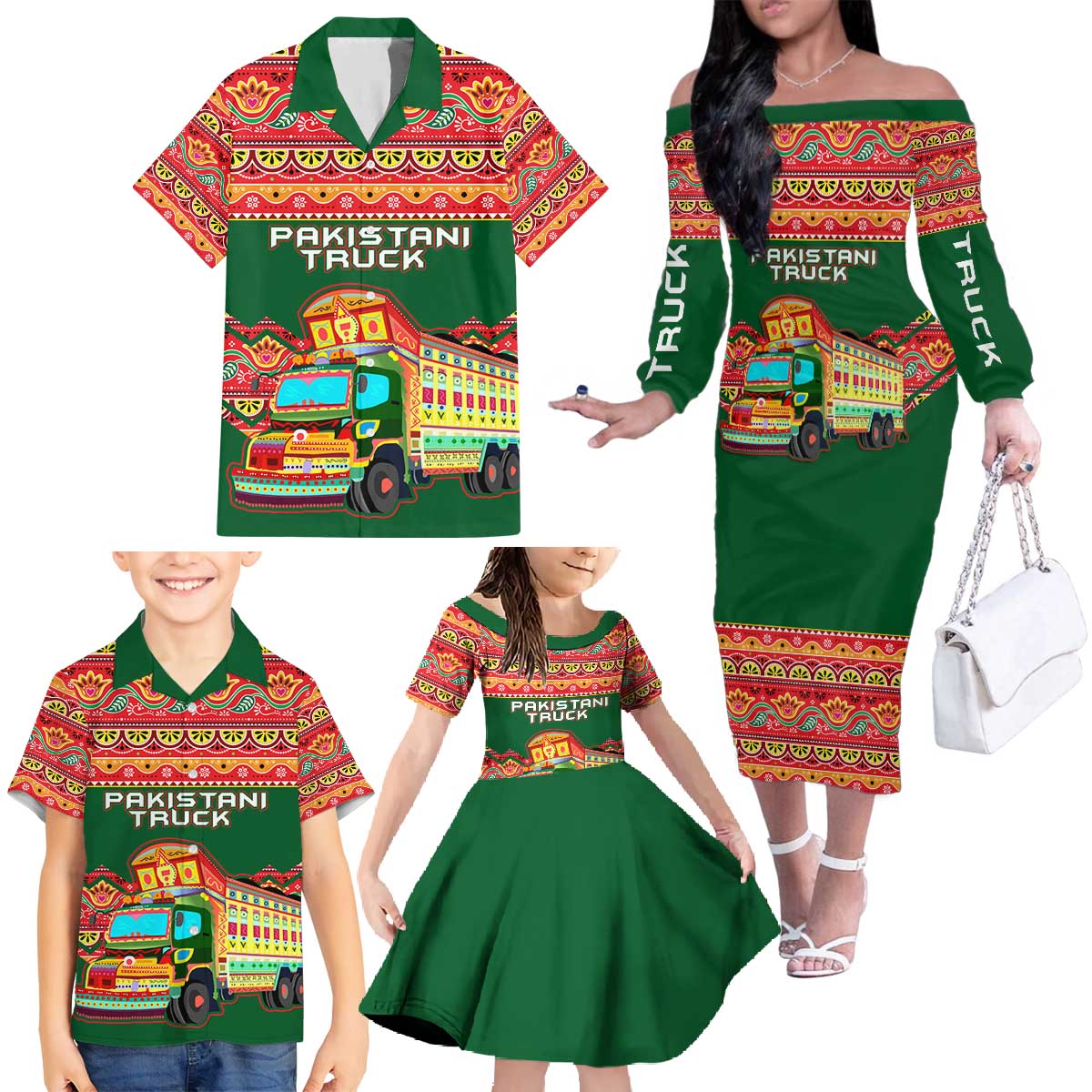 Pakistan Truck Art Family Matching Off The Shoulder Long Sleeve Dress and Hawaiian Shirt National Emblem & Traditional Patterns