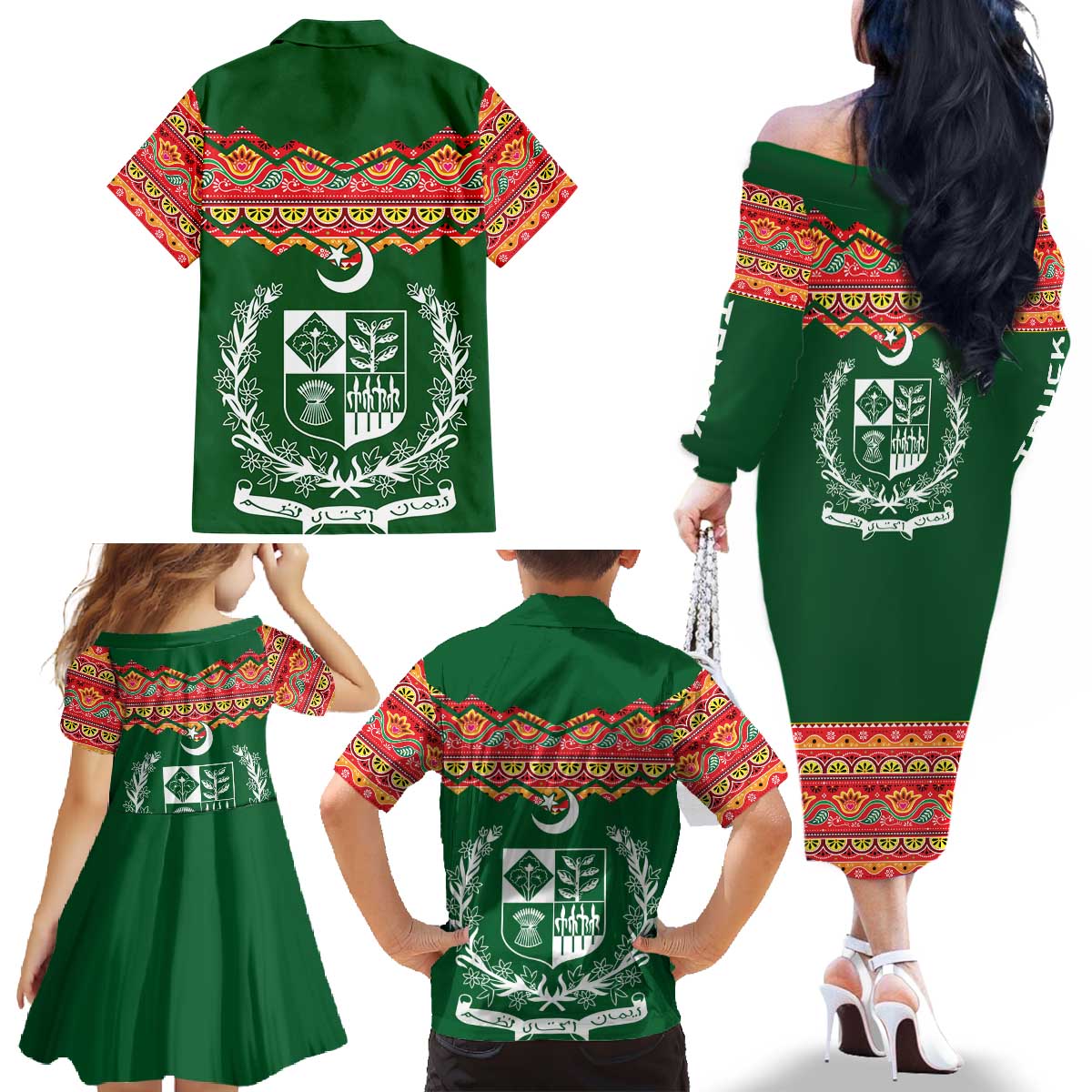 Pakistan Truck Art Family Matching Off The Shoulder Long Sleeve Dress and Hawaiian Shirt National Emblem & Traditional Patterns