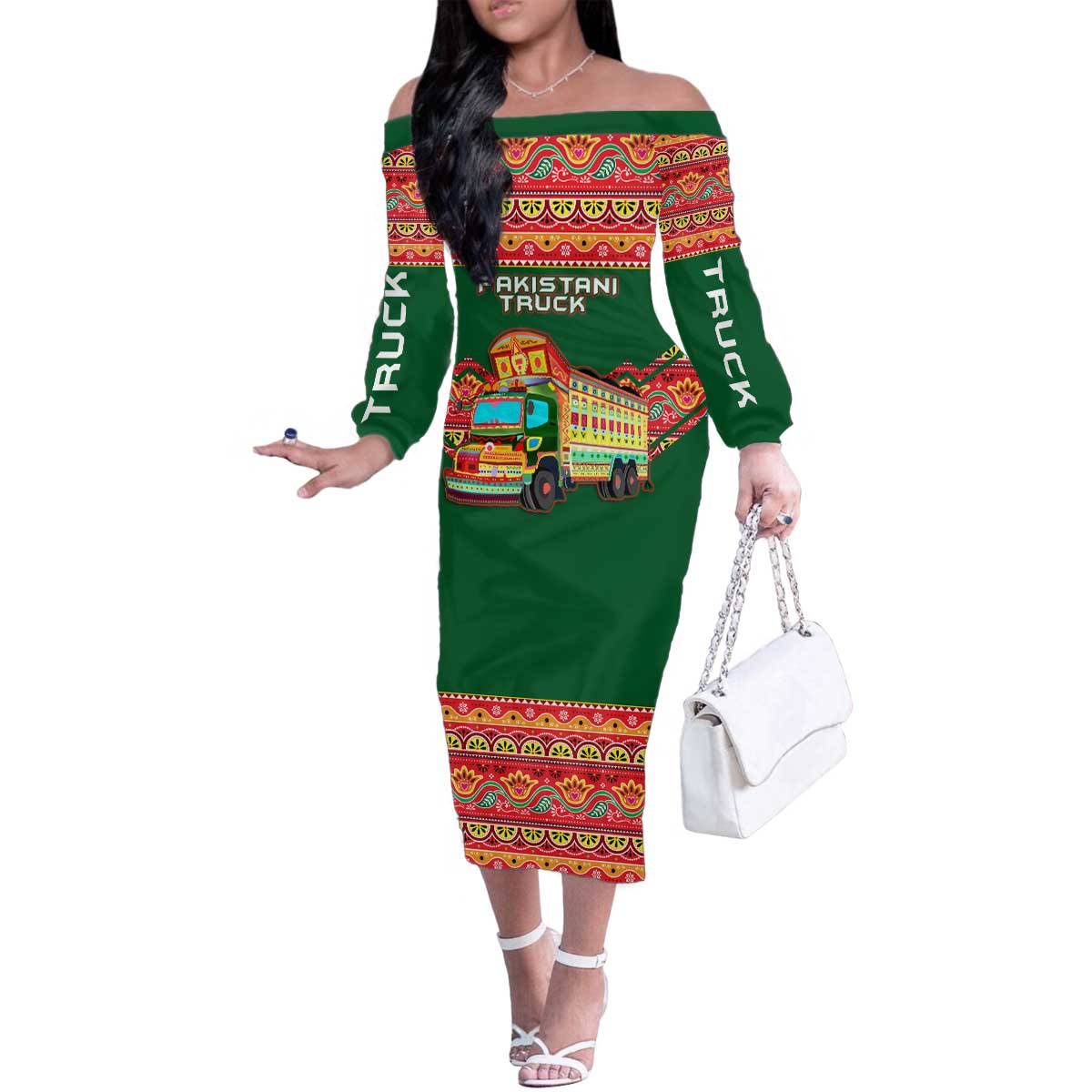 Pakistan Truck Art Family Matching Off The Shoulder Long Sleeve Dress and Hawaiian Shirt National Emblem & Traditional Patterns