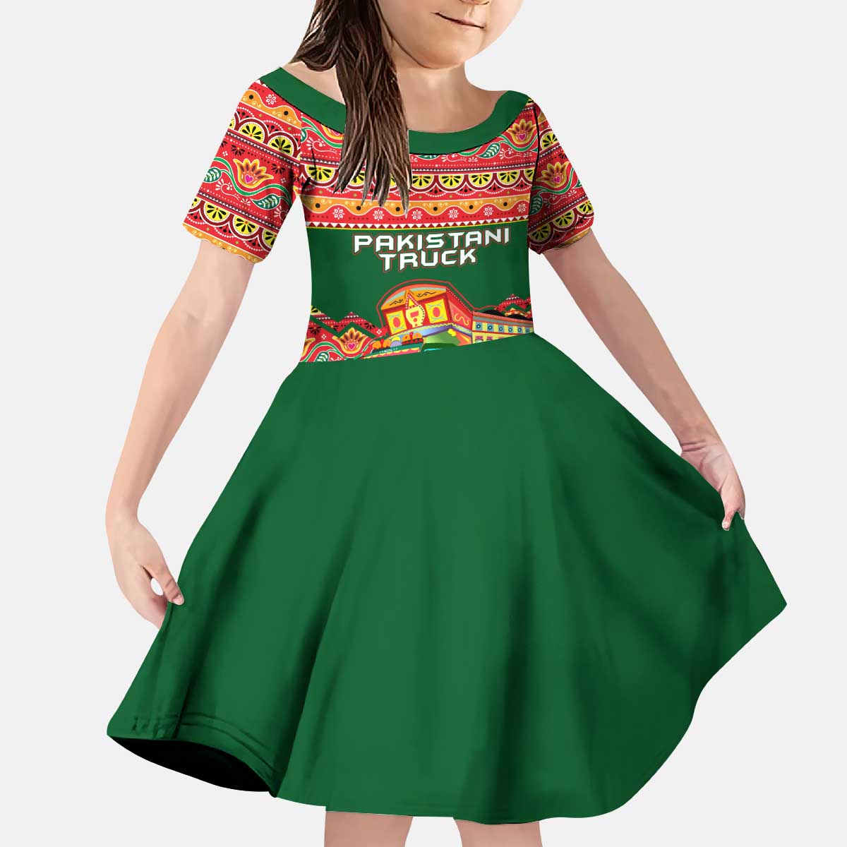 Pakistan Truck Art Kid Short Sleeve Dress National Emblem & Traditional Patterns