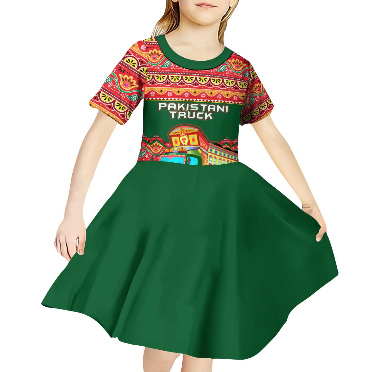 Pakistan Truck Art Kid Short Sleeve Dress National Emblem & Traditional Patterns