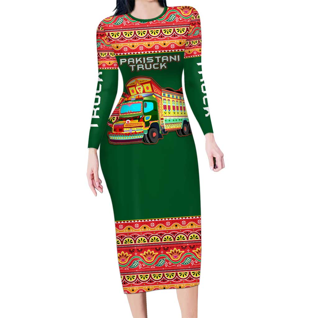Pakistan Truck Art Long Sleeve Bodycon Dress National Emblem & Traditional Patterns