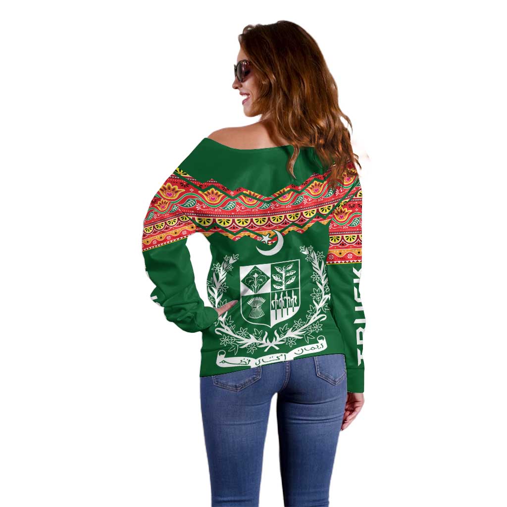 Pakistan Truck Art Off Shoulder Sweater National Emblem & Traditional Patterns