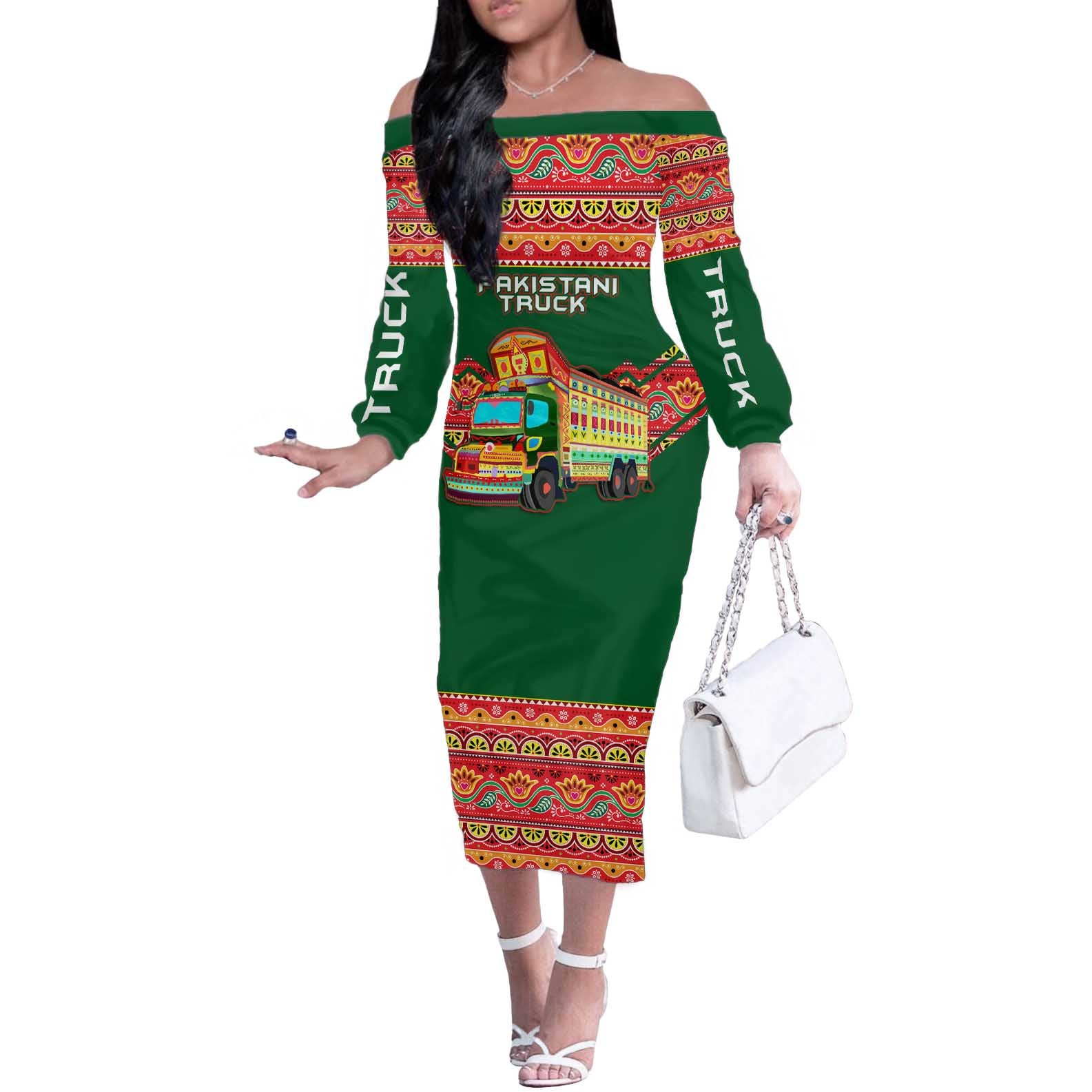 Pakistan Truck Art Off The Shoulder Long Sleeve Dress National Emblem & Traditional Patterns