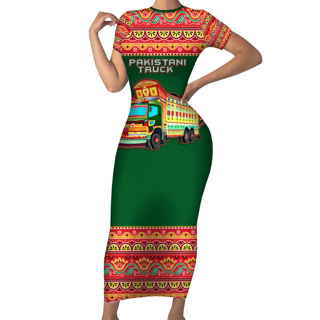 Pakistan Truck Art Short Sleeve Bodycon Dress National Emblem & Traditional Patterns